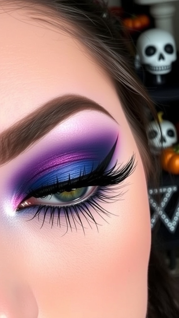 Sally-inspired eyeshadow look with blue and purple shades, bold eyeliner, and mascara.